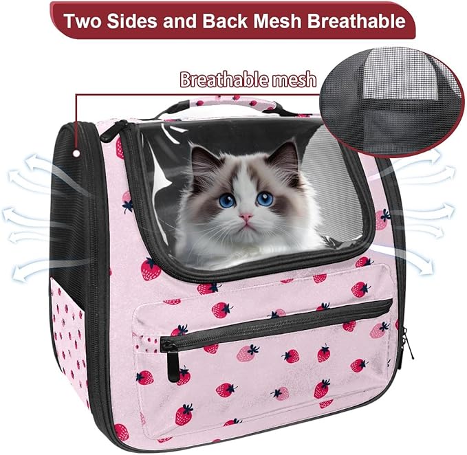 Pink Strawberry (2) Pet Cat Backpack Carrier for Kitty Small Dog, Ventilated Pet Carrier Bag for Car, Walking, Hiking, Outdoors
