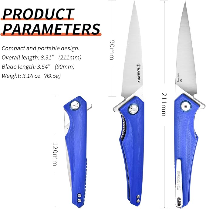 Qingluan Folding Knife with Pocket Clip, D2 Steel Blade 3.54'' and G10 Handle Outdoor Adventure knife EDC Camping Knife (Blue)