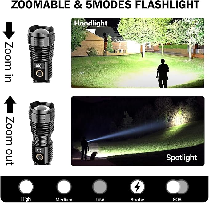 Flashlights High Lumens Rechargeable, LED Super Bright Flash Light Long Beam, Zoomable Linternas with LCD Digital Display, 5 Mode, Waterproof, Powerful Tactical Flashlight for Emergencies Camping Gift