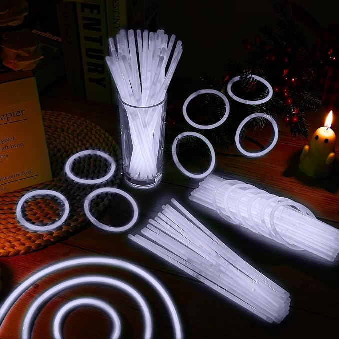 200 Pack 8'' Glow Sticks Bulk Party Favors White Light Up Sticks with Connectors Neon Glow in the Dark Party Supplies Bracelets for Holiday Birthday Party Decoration(White)