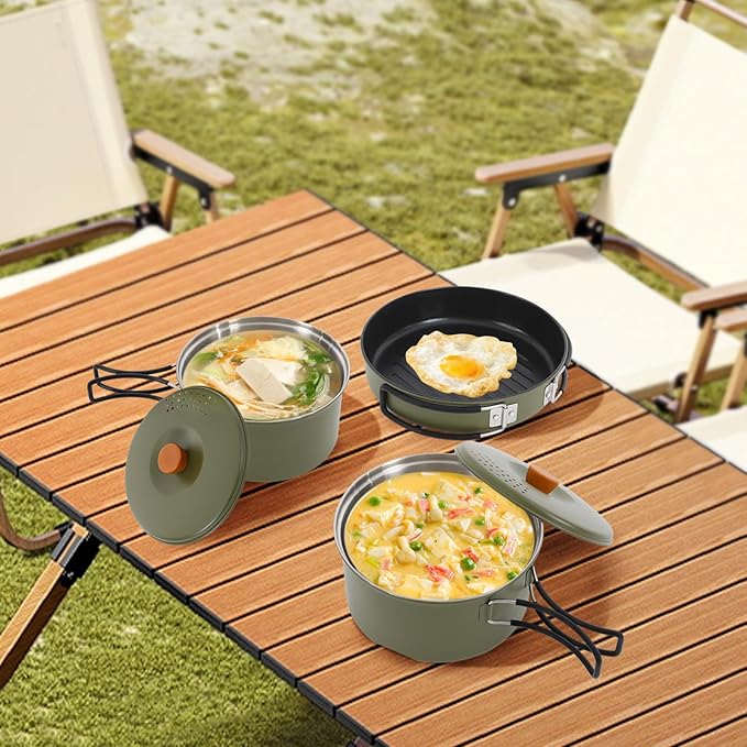 Camping Cookware Set, Camping Cooking Set,304 Stainless Steel Camping Pots &Frying Pan Set,Campfire Cooking Equipment with Storage Bag for Camping,Household, Hiking, Beach Trips