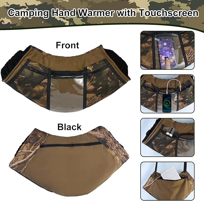 Camo Hunting Hand Warmer Pouch, Polar Fleece Warm Hand Muff Insulated Hunter Hands Warming Pouch Camouflage Hunting Gear with Phone Touchscreen for Men Women Hiking Camping Ice Fishing Cold Protection