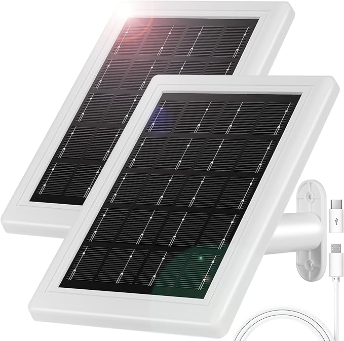 Solar Panel Charger,Solar Panels for Security Camera, Solar Panel with Micro USB & USB-C Port for 5V Outdoor Rechargeable Battery Camera, IP65 Waterproof, 16.4ft Cable(2 Pack, White)