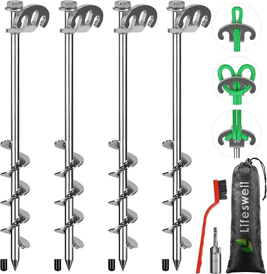 14 Inch Screw in Ground Anchors Kit, 4 Pack Heavy Duty Tent Stakes, Double-Sided Welded Spiral Windproof Earth Anchors for Trampoline, Shed, Swing Set & Mobile Home