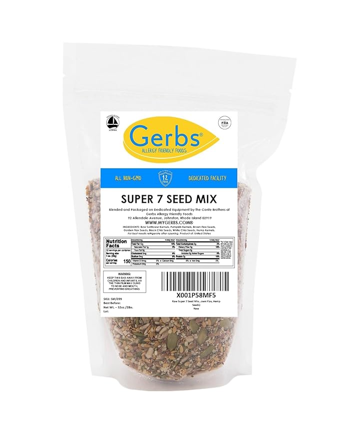 GERBS Raw Super 7 Seed Snack Trail Mix 2 LBS. | Top 14 Food Allergy Free | Resealable Bulk Bag | Made in USA | Raw Pumpkin | Sunflower | Brown & Golden Flax | Black & White Chia | Hemp | Gluten Free