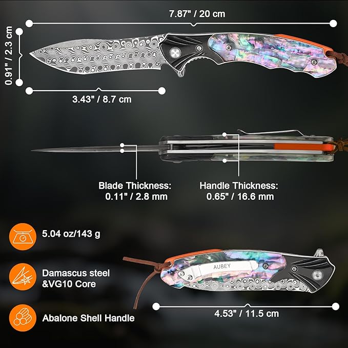 AUBEY Damascus Pocket Knife for Women Men, 3.43" VG10 Damascus Steel Blade Knife with Clip, EDC Folding Knives with Abalone Shell Handle, Gift for Camping Outdoor Hunting Hiking Collection