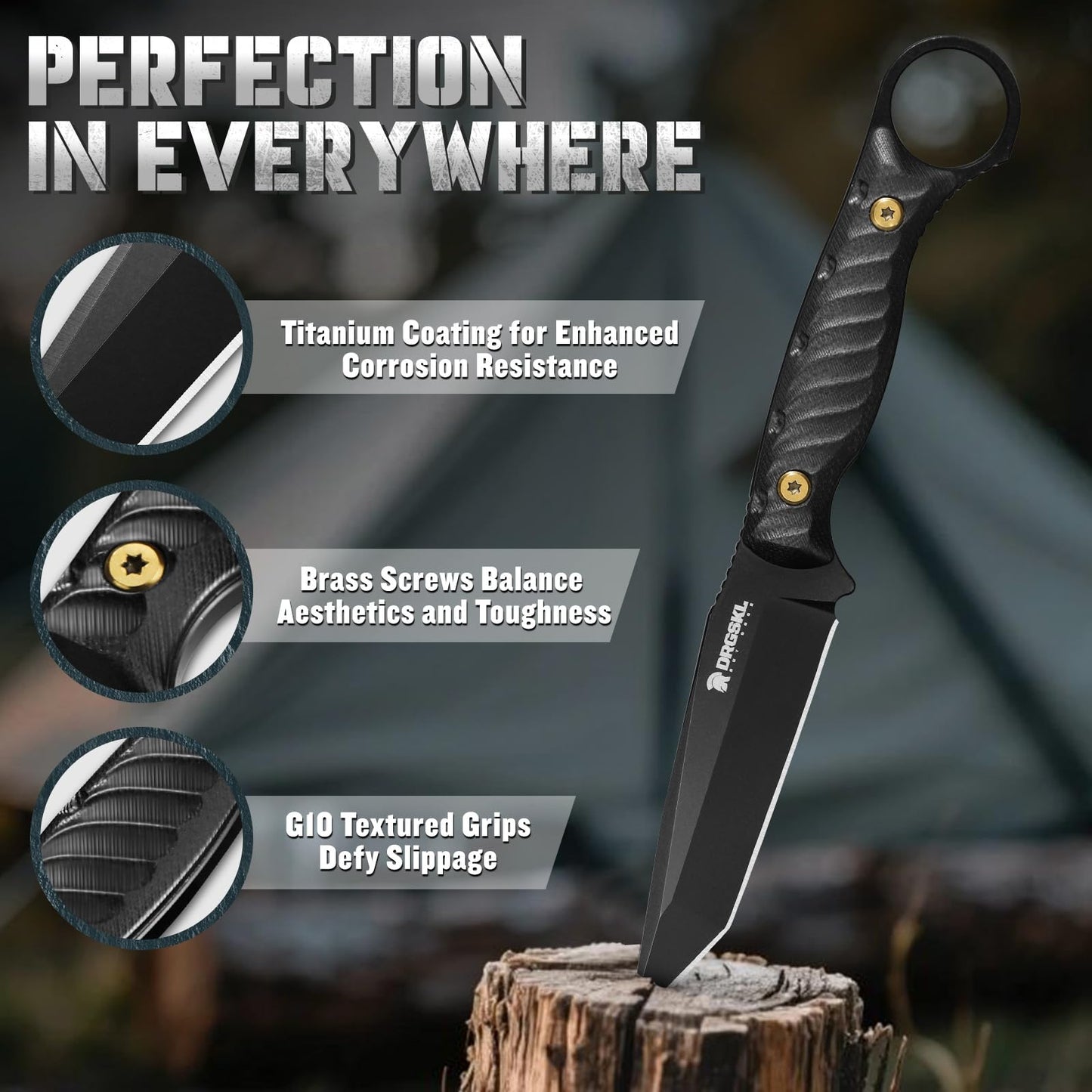 DRGSKL Tanto Fixed Blade Knife - Camping Knife with Sheath - Black