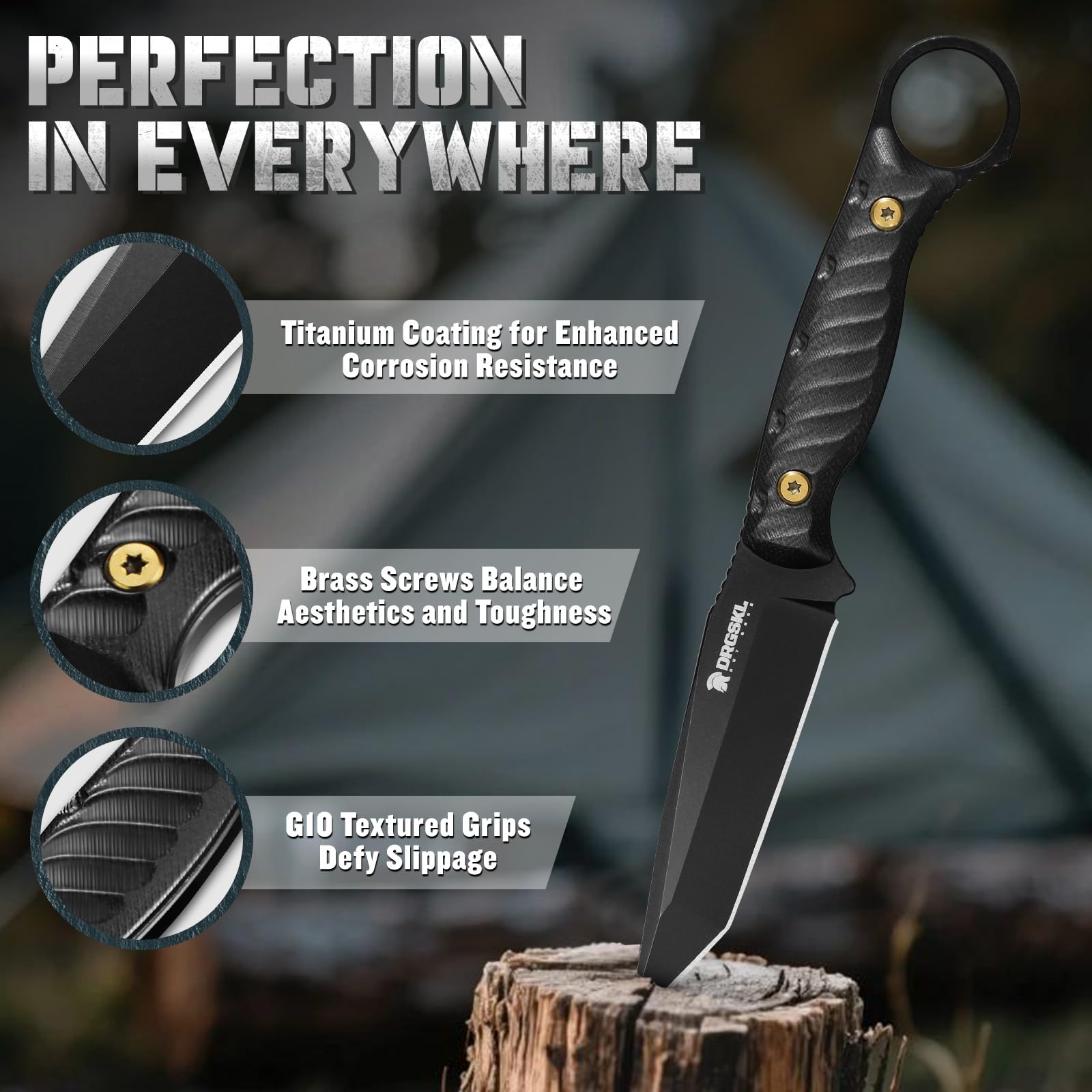DRGSKL Tanto Fixed Blade Knife - Camping Knife with Sheath - Black