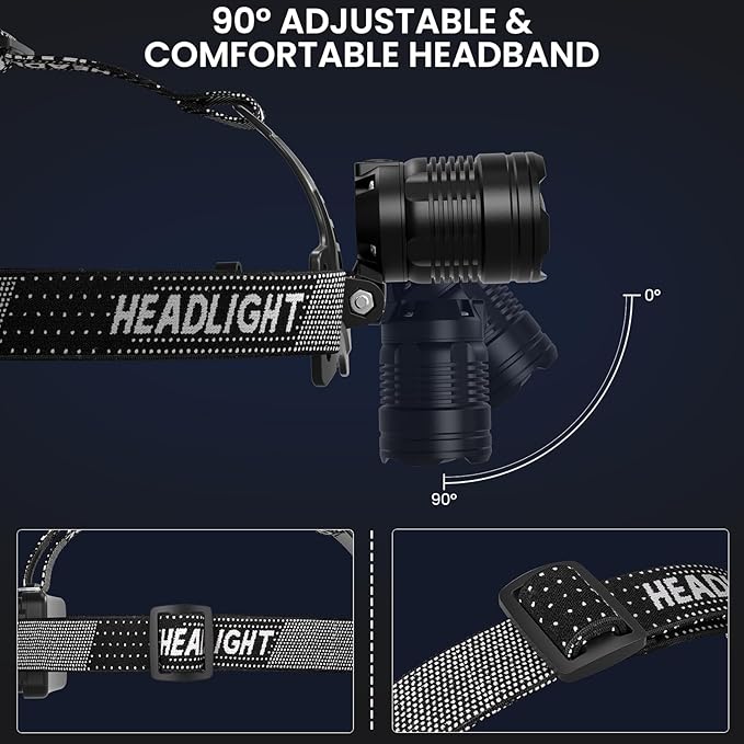 LED Headlamp Rechargeable, 99000 Lumens Bright Head Lamp ?attery Include, 90° Adjustable Head Lights for Forehead with 3 Modes, Long Runtime & Waterproof Headlamps for Adults Camping Hiking