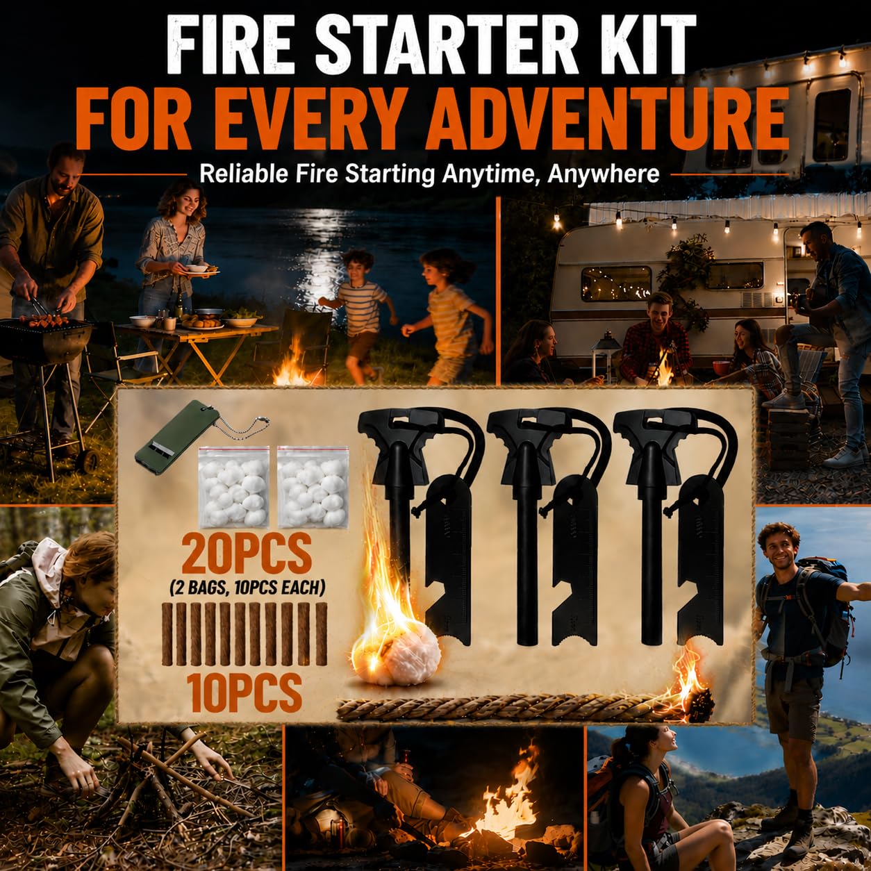 34PCS Fire Starter Survival Kit with 3 Ferro Rods & Striker Tinder