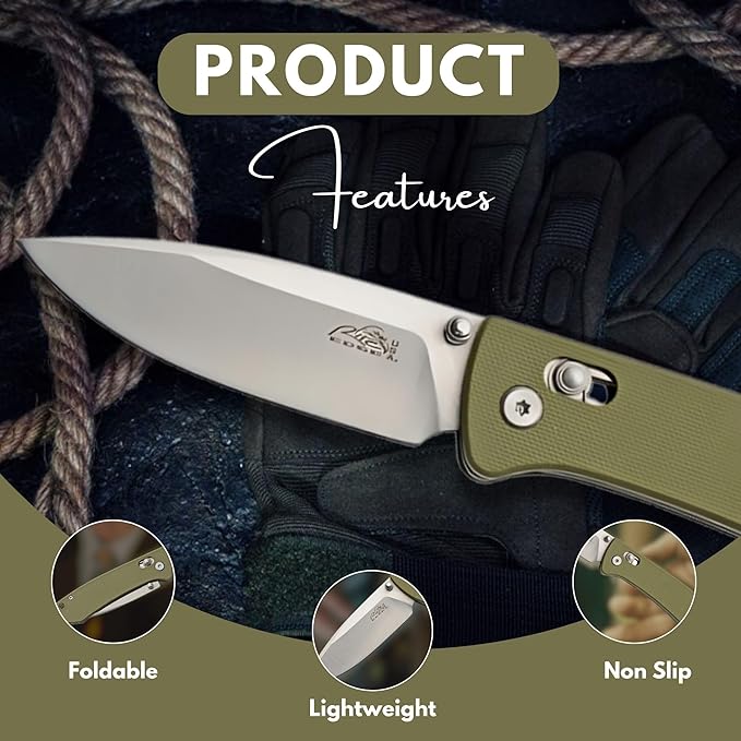 Rite Edge Premium Folding Pocket Knife - 4.25" Stainless Steel Blade, G10 Handle, Belt Clip, Camping Folder, Outdoor Utility, Father's Day Gift - Green