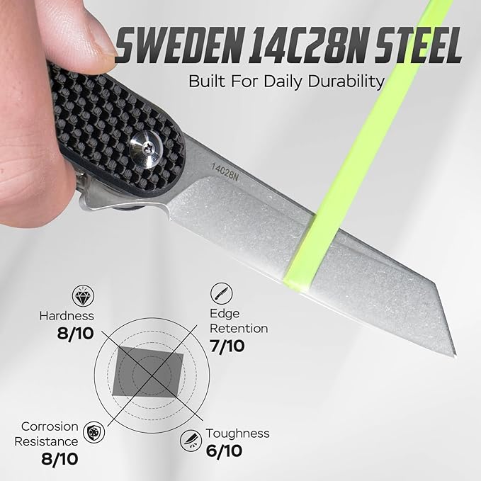 Folding Pocket Knife with Leather Sheath, 2.79??14C28N Steel Blade Carbon Fibre Handle Flipper Liner Lock Small EDC Folding Knife, Sharp Camping Outdoor Survival Knives for Men Women (Black)