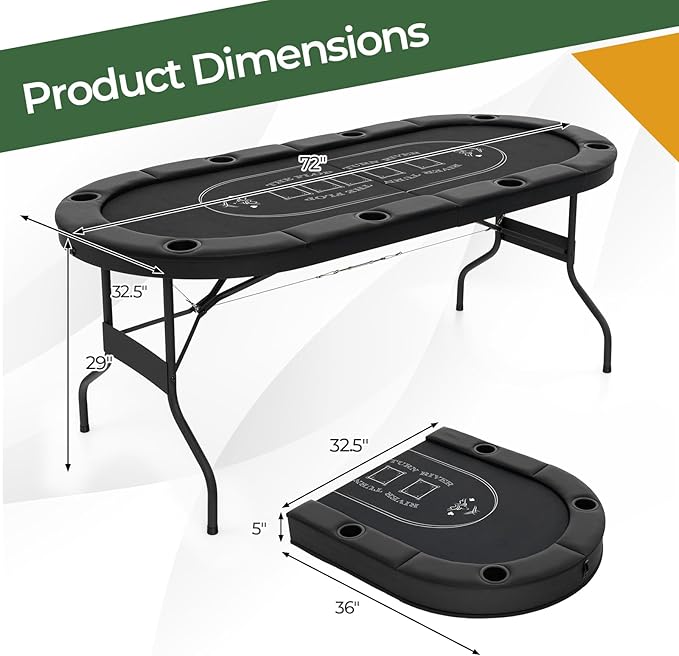 Goplus 72” Poker Table Foldable, 8 Players Card Board Game Table w/Deep Metal Cup Holders, Casino Grade Felt, Portable Folding Oval Blackjack Table for Texas Holdem, No Assembly Required (Black)
