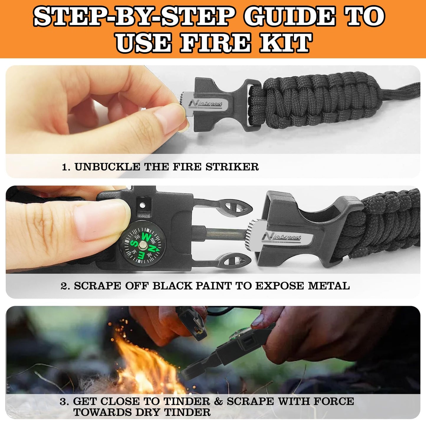 NVioAsport Paracord Survival Bracelet (3 Pack) - Adjustable with Fire Starter, Whistle, Compass