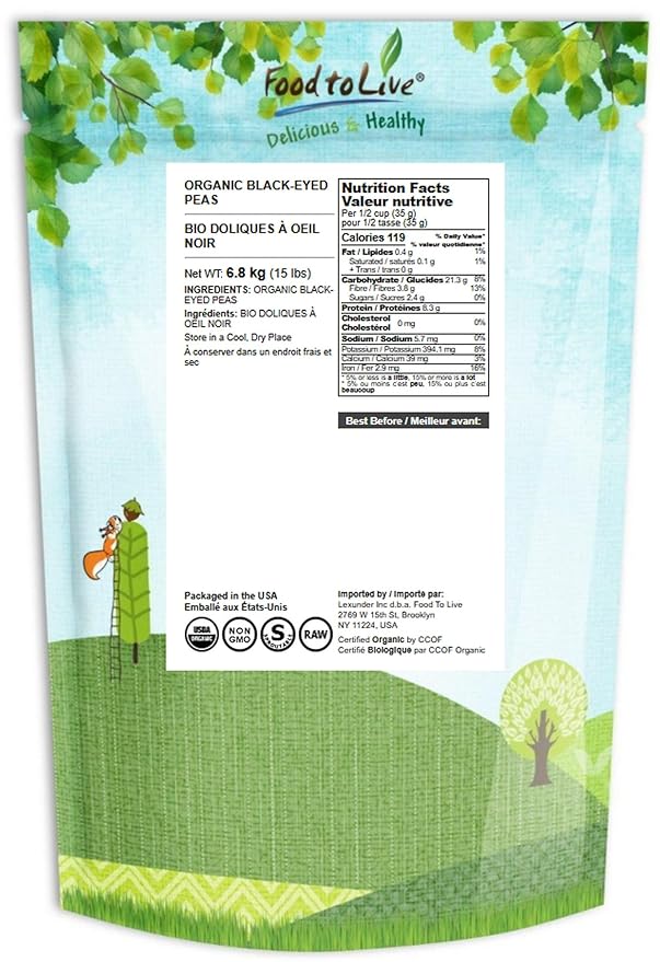 Food to Live Organic Black-Eyed Peas, 15 Pounds ??Raw Dried Cow Peas, Non-GMO, Bulk Beans, Product of the USA