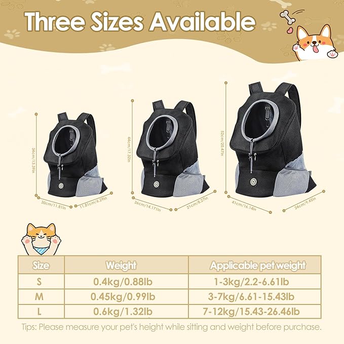 Dog Backpack Carrier, Front Chest Dog Carriers for Small Dogs, Pet Carrier Backpack with Multi-Pocket, Adjustable Neck Hole, Breathable Mesh Dog Front Carrier for Travel Hiking Cycling (Large)