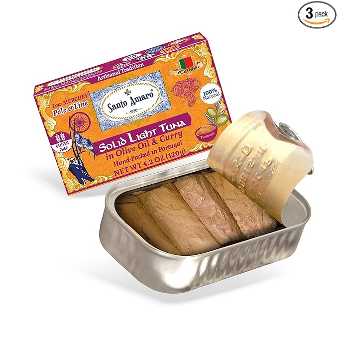 Santo Amaro - Artisanal Wild Tuna Fillets in Olive Oil & Turmeric Curry, Pole and Line Caught from Portugal, Hand-Packed Goa-Style Natural Canned Tuna, 22g Protein, Keto, 124 Cal, Low Mercury, Pack of 3