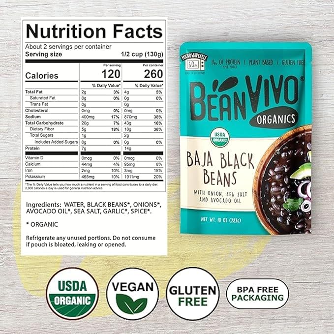 BeanVIVO (Pack of 12) Organics 14g Plant based Protein Baja Black Beans - Good Source of Fiber - Nutritious & Microwave Meals - Gluten-Free Plant Food - 10 oz