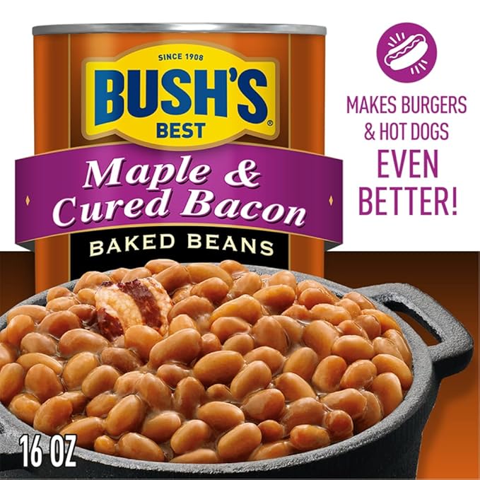 BUSH'S BEST 16 oz Canned Maple Cured Bacon Baked Beans Source of Protein and Fiber, Low Fat, Gluten Free, (Pack of 12)