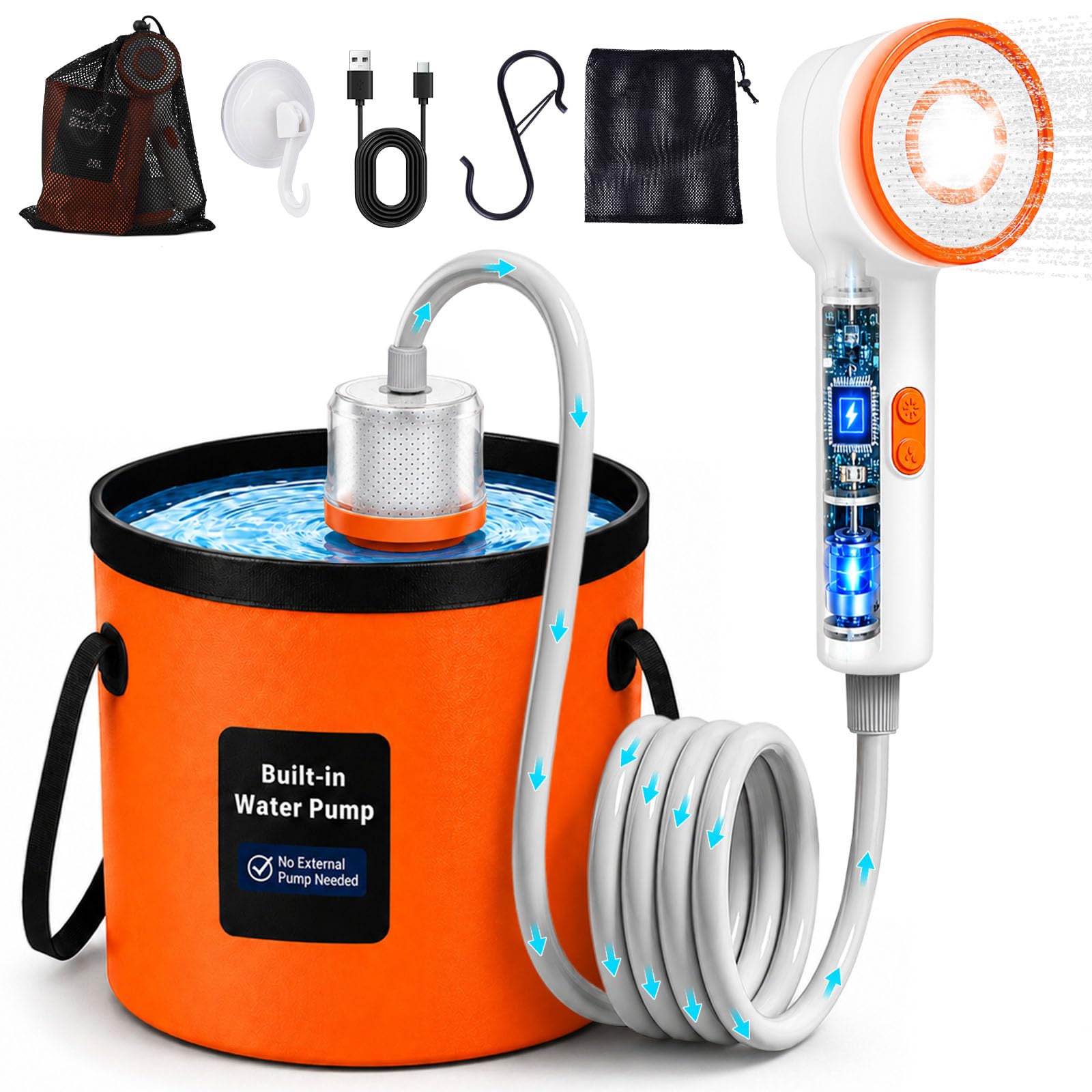 Portable Shower for Camping, Rechargeable Shower Head with LED Light, Camp Shower Pump with Filter