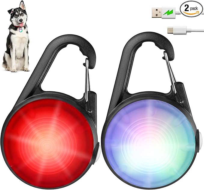 Dog Lights for Night Walking, 4 Modes IP68 Waterproof Dog Collar Lights Clip on, High Capacity Rechargeable Pet Accessories for Climbing, Running, Camping, 2 Packs (Black)