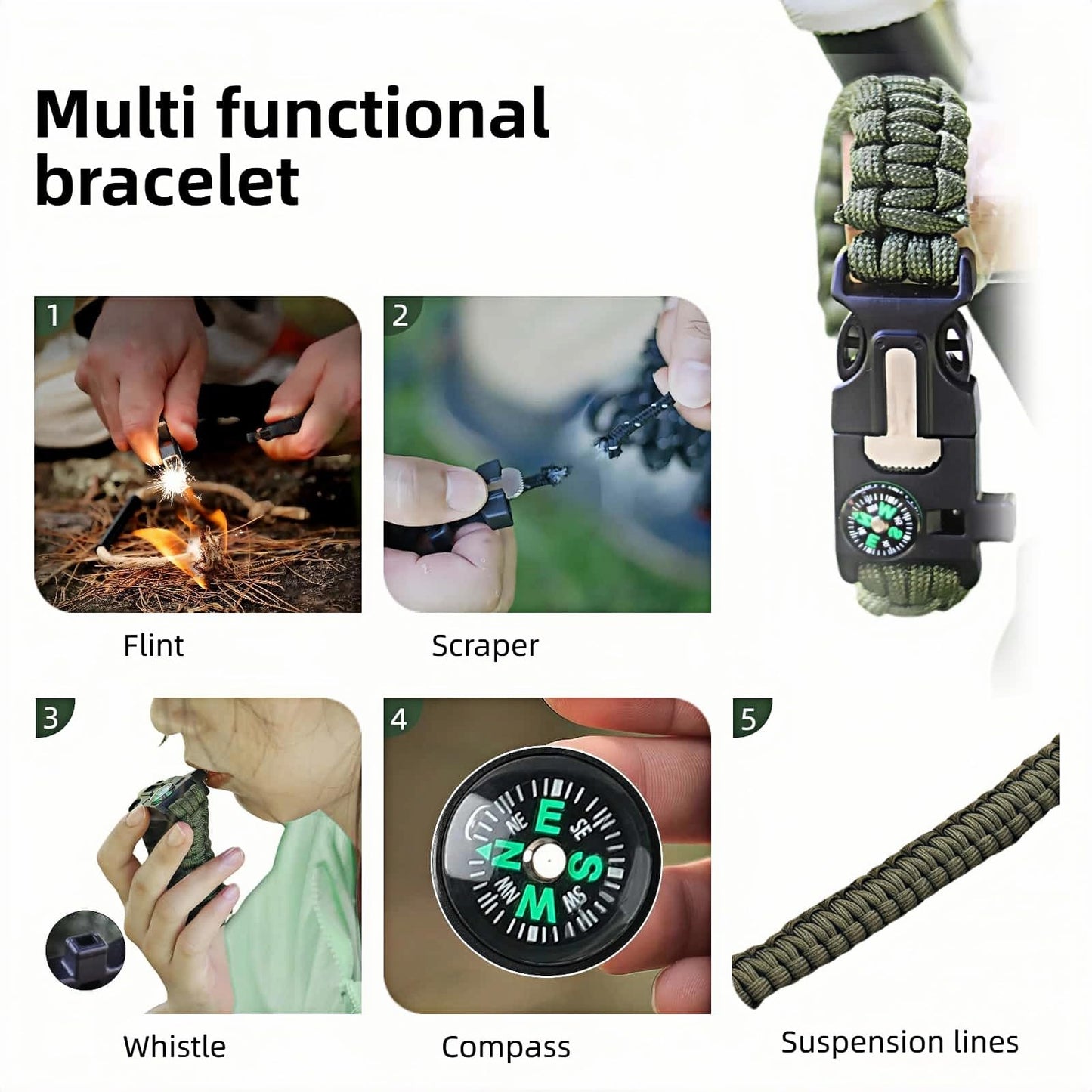 Chinshwehaw 5 in 1 Survival Bracelet-Fire Starter,Loud Whistle,Compass,Paracord Rope &
