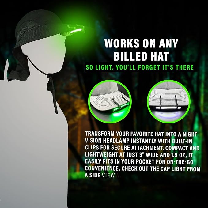 Night Vision Cap Light ?“Compact, Clip-On Hat Flashlight Powered by AAA | Dual LED Modes for Camping & Hunting | Lightweight Hat Flashlight for Billed Hats Suitable for Outdoor use Camo