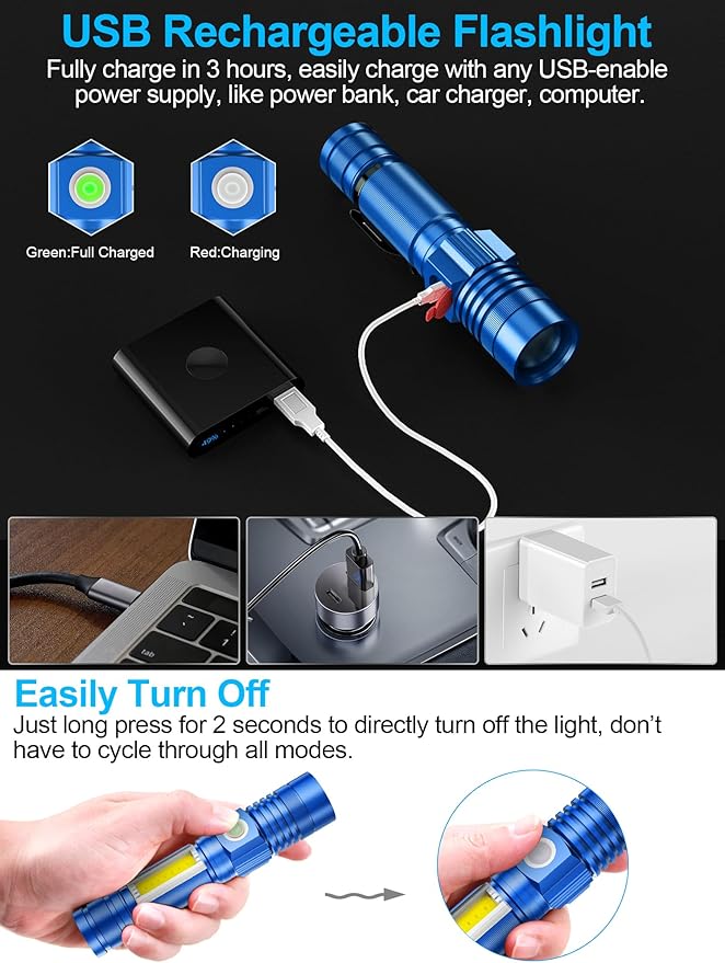 Rechargeable LED Flashlights, Magnetic Flashlight Super Bright Tactical Flashlight with SideLight,USB Rechargeable,Zoomable,Waterproof Best Small Flashlight for Camping, Emergency Blue