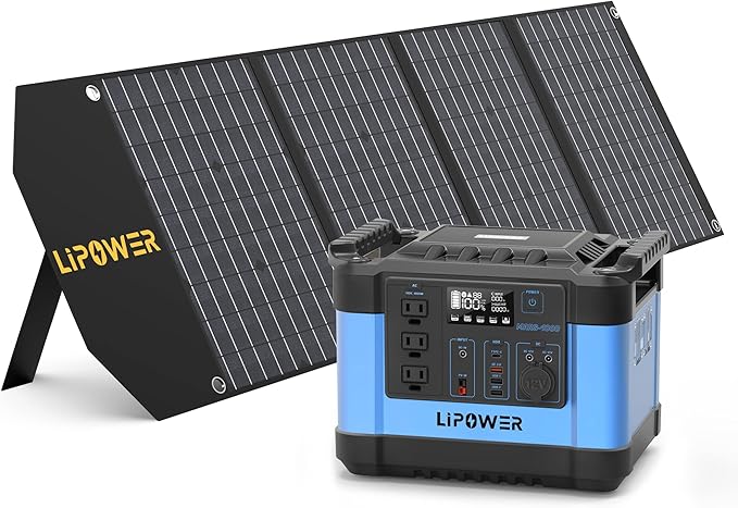 Lipower Solar Generator, 1120Wh Power Station 3 * 1000W AC Outlets(2000W peak), 60W USB-C Output, Generator for Camping, CPAP, Home BackupBlue+1 Solar Panel