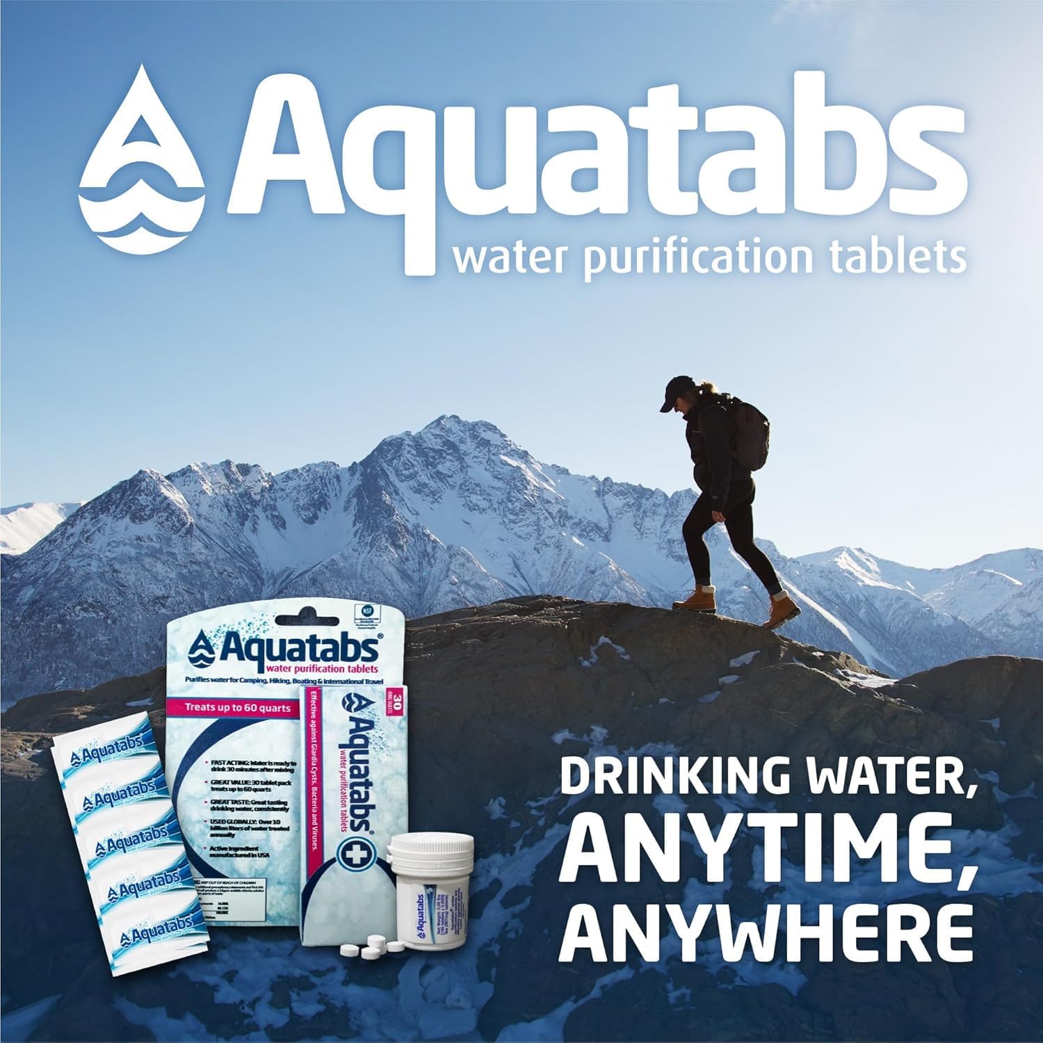 Aquatabs Water Purification Tablets (397mg, 100 Pack). Water Filtration System for Camping