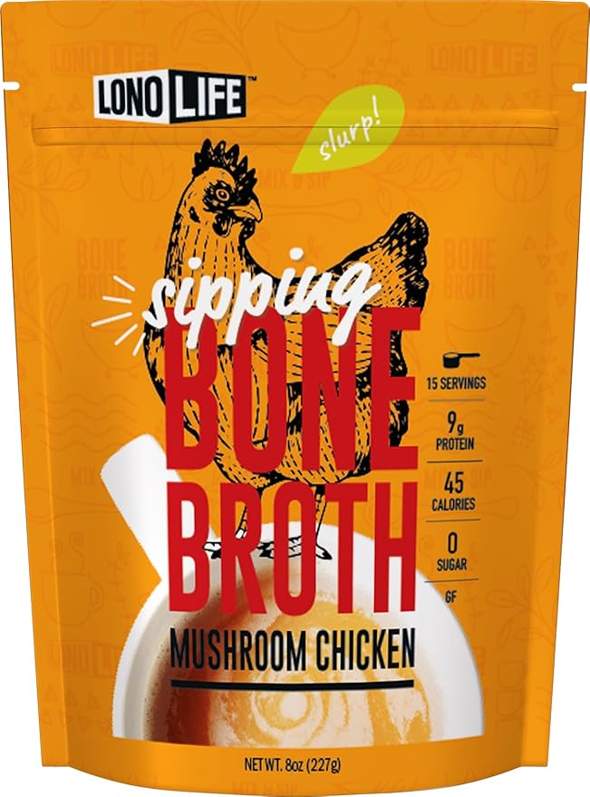 LonoLife Mushroom Chicken Bone Broth Powder Mix | 10g Protein | Collagen-Rich, Keto & Paleo Friendly | Natural Ingredients | 8oz Bulk Container (15 Servings)