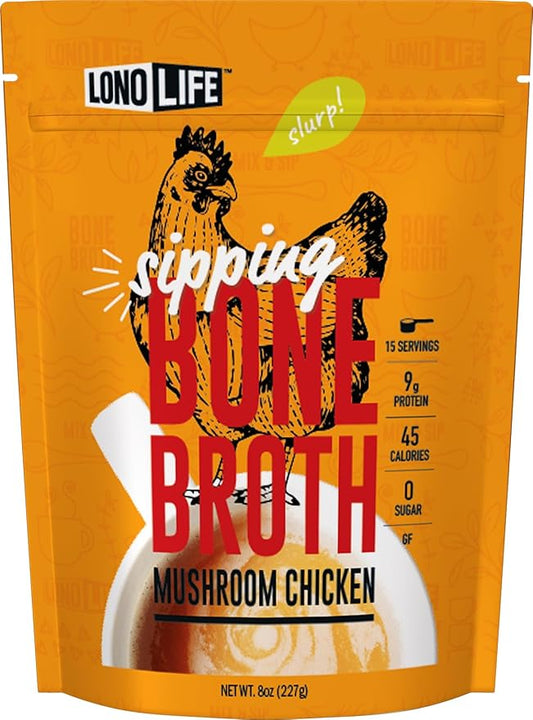 LonoLife Mushroom Chicken Bone Broth Powder Mix | 10g Protein | Collagen-Rich, Keto & Paleo Friendly | Natural Ingredients | 8oz Bulk Container (15 Servings)