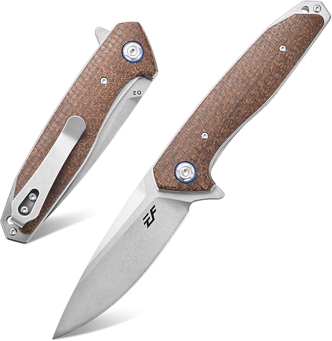 Eafengrow EF972 Folding Knife, D2 Steel Blade Micarta Handle Pocket Knife Folder for Outdoor Camping Hiking Working EDC Tool Knife(Brown)