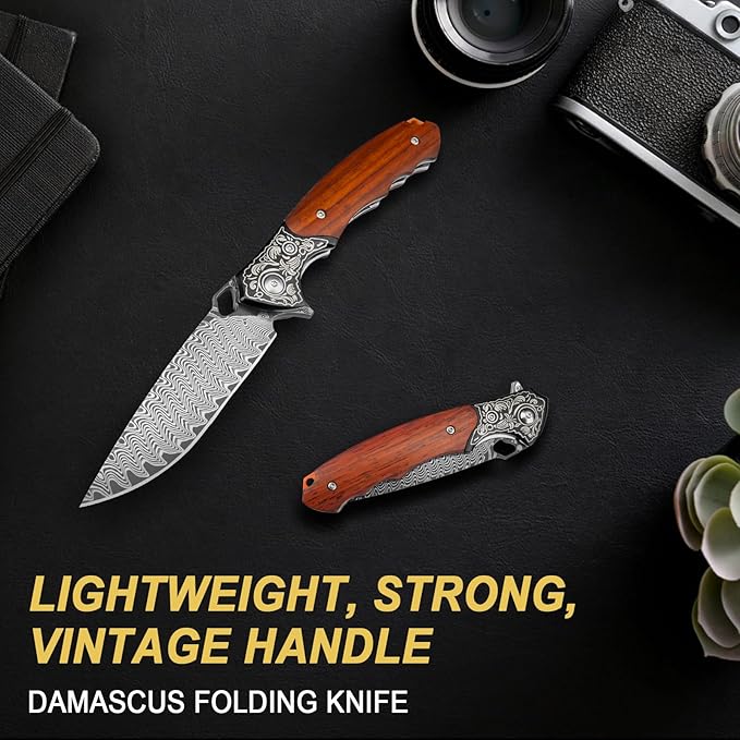 Damascus Folding Knife, 3.39" VG10 Core Damascus Steel Blade Pocket Knife for EDC, Wood Handle Pocket Knives for Camping Survival Hunting
