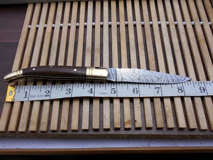Laguiole Folding Damascus Steel Knife, 8.5" Long with 4" Hand Forged Twist patren Blade. Rose Wood & Brass Bolster Scale. Cow Hide Leather Sheath Included (Brown)