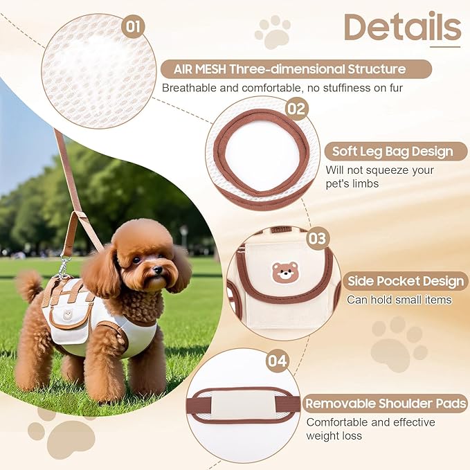 Dog Lift Harness, Breathable Dog Carrier Bag, Portable Pet Carrier Sling with Adjustable Leash for Small Dogs (L)