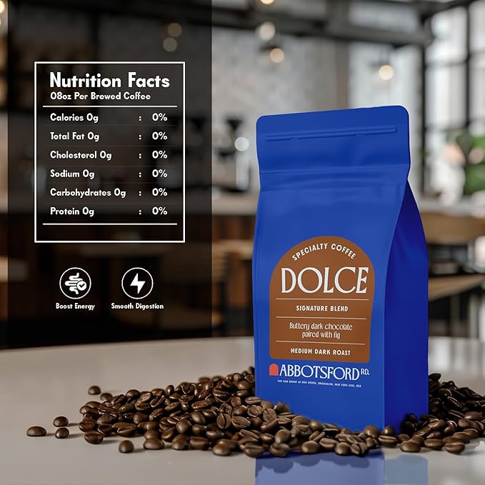 Dolce Whole Coffee Beans, Specialty Medium Dark Coffee Beans, Sweet Flavor with Buttery Dark Chocolate & Fig, 12 Oz Bean Bag, Freshly Roasted in Brooklyn