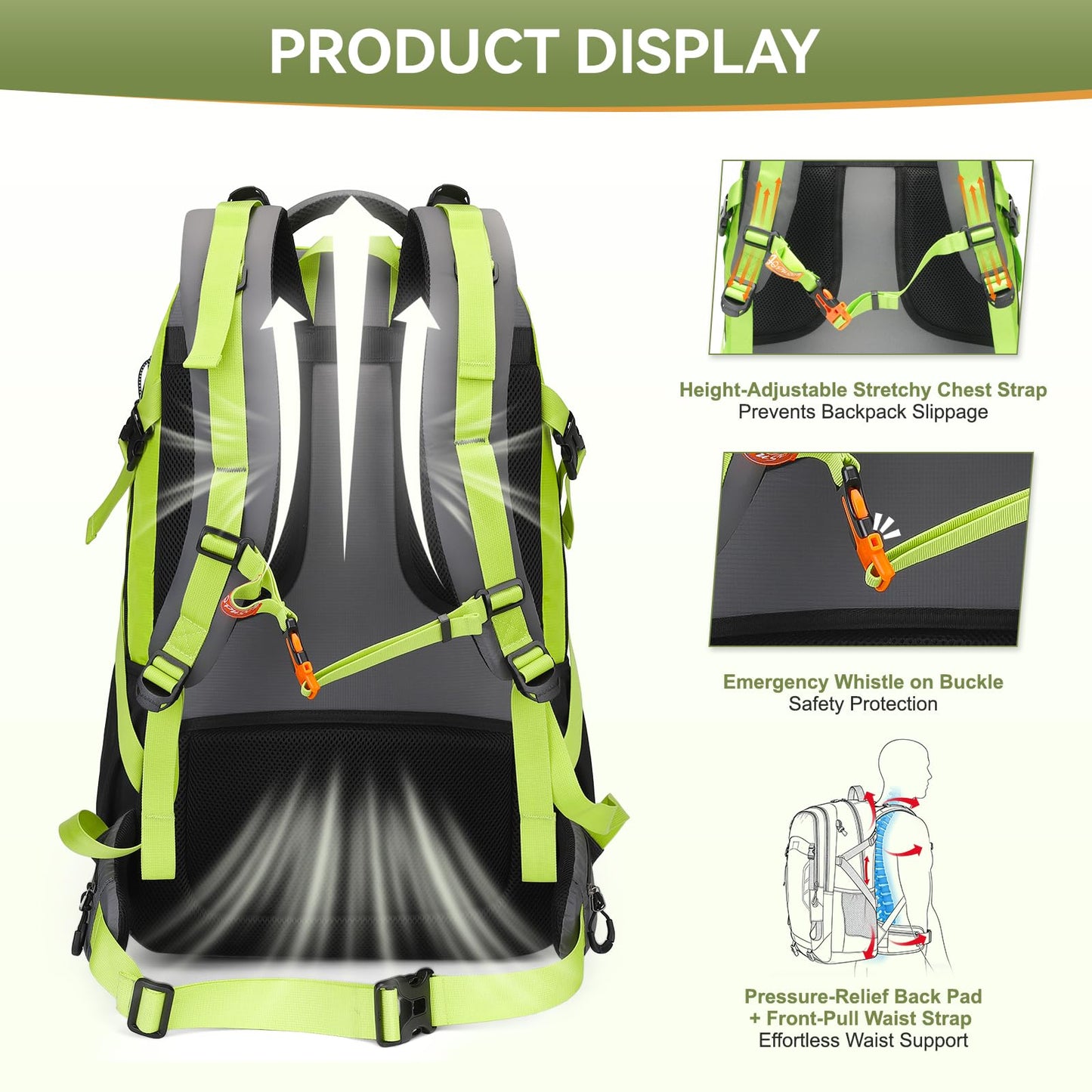 50L Hiking Backpack for Men Women, Waterproof Outdoor Daypack,Green