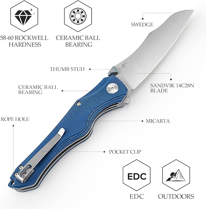 Knives, 3.89'' 14C28N Steel Pocket Folding Knife for Men, Flipper EDC Knife with Clip, Sharp Camping Survival Hiking Knives, Satin Blade,Micarta Handle and Ti Thumb Stud｜Triton-04L