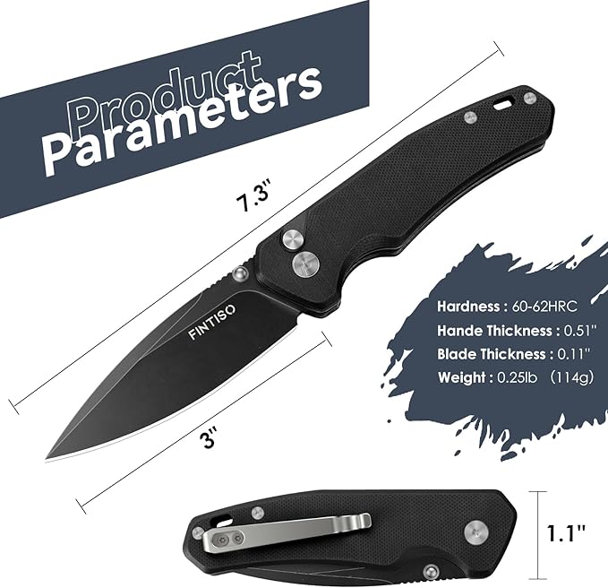 FINTISO Pocket Knife, 3" 14C28N Steel Blade G10 Handle Small EDC knife with Button Lock, Sharp Folding Knife with Pocket Clip for Camping, Survival,Hiking,traveling