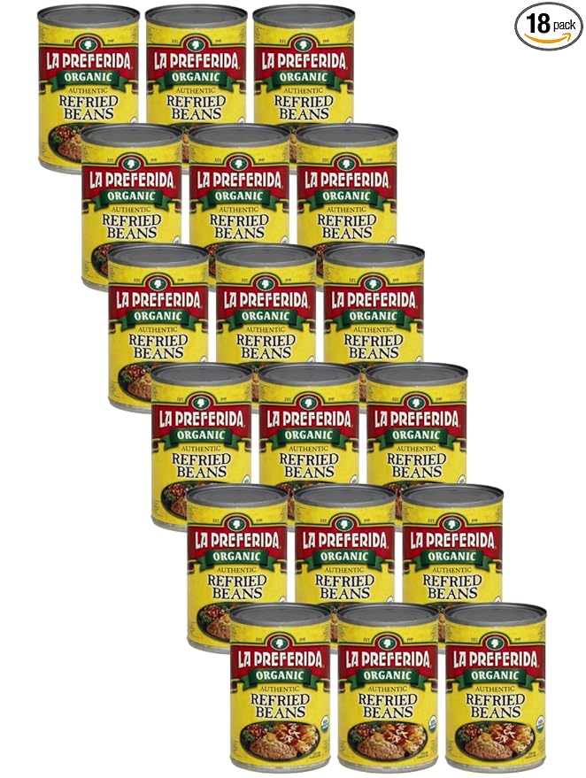 La Preferida Organic Refried Pinto Beans (100% Vegan & Lard-Free) Just 3 Simple Ingredients – USDA Certified, 9g of Protein & 5g of Fiber Per Serving, 15 oz. (Pack of 18)