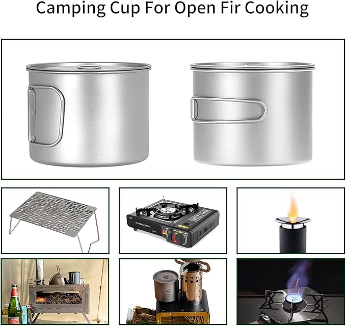 Titanium Pot 900ml & 1100ml & 1600ml Lightweight Camping Cookware for Outdoor Hiking Backpacking Travel, Non-Toxic Druable Cooking Pot with Lid & Folding Handle