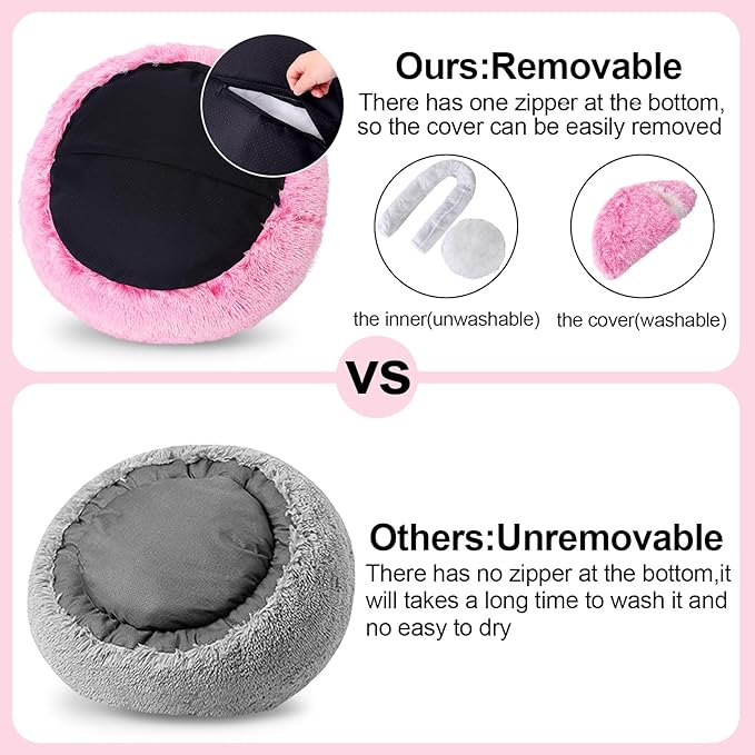 Calming Dog Beds & Cat Cave Bed with Hooded Cover,Removable Washable Round Beds for Small Medium Pets,Anti-Slip Faux Fur Fluffy Coved Bed for Improved Sleep,Fits up to 15/25 lbs(Pink,S)