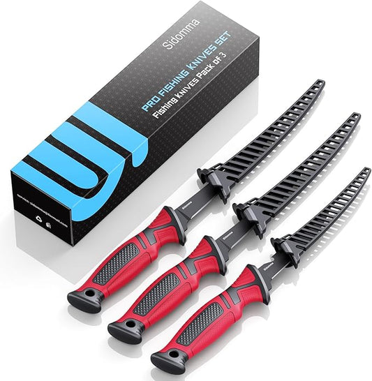 Fillet Knife and Bait Knife Set Performance 5"-6"-7" G4116 German Flex Razor Sharp Stainless-Steel Blade with Sheath for Filleting and Boning, Pro Fishing Gear and Equipment Tools, Cool Fishing Gift for Men (Black-Red)