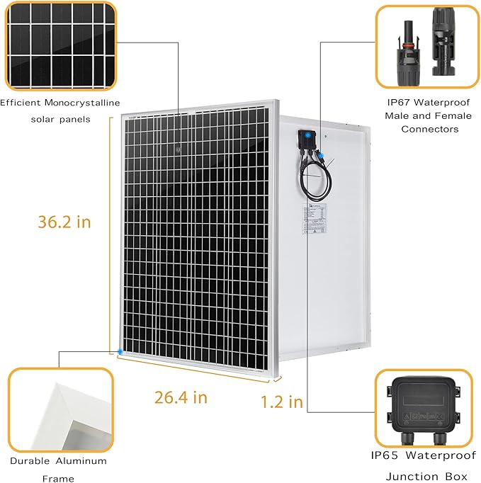 100 Watt 12 Volt Monocrystalline Solar Panel, Outdoor Waterproof Mono Solar Panels for 12V Battery, RV Roof, Boat Charging, Caravan, Car, Homes, and Any Other Off-Grid Applications