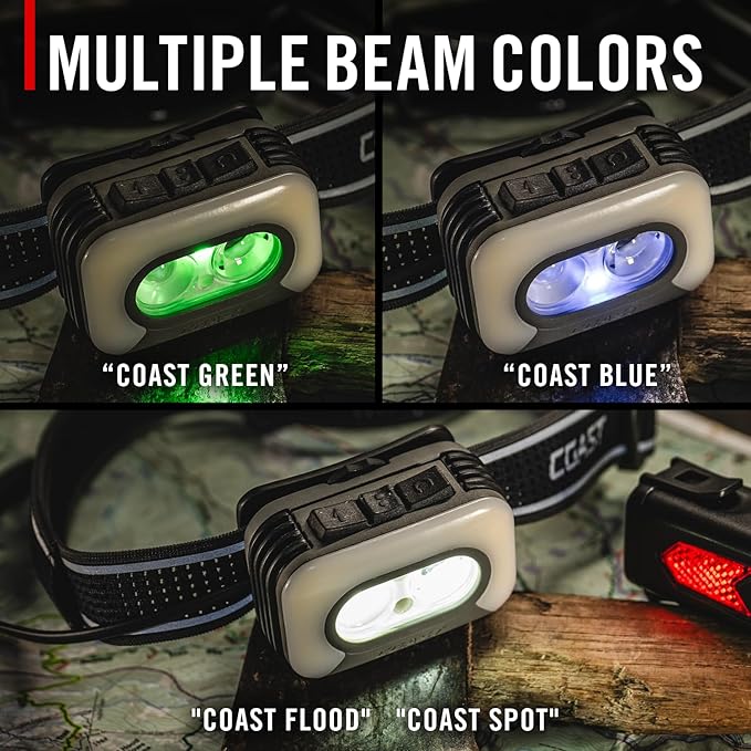 Coast RL35R Voice-Controlled 1100 Lumen Rechargeable LED Headlamp with ARC280??Lighting, 4 Color Modes, Rear-Facing Safety Signal, Variable Light Control and USB-C Charge Port