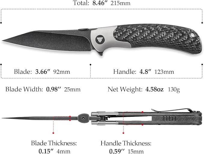 Folding Pocket Knife for Men, Flipper EDC Knife with Clip,3.66" S35VN Steel PVD Blackwash Wharncliffe Blade,Ti Thumb Stud, Ti Bolster & Carbon Fiber for Outdoor Camping, UMa-05B