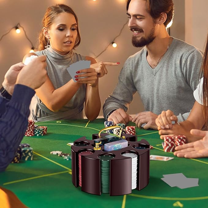 Wettarn Poker Chips Poker Set, 200 Count Rotating Chip Case Wood Carousel Case Holder with 200 Pcs Chips and 2 Decks of Playing Cards for Casino Party Supplies Family Game Accessory