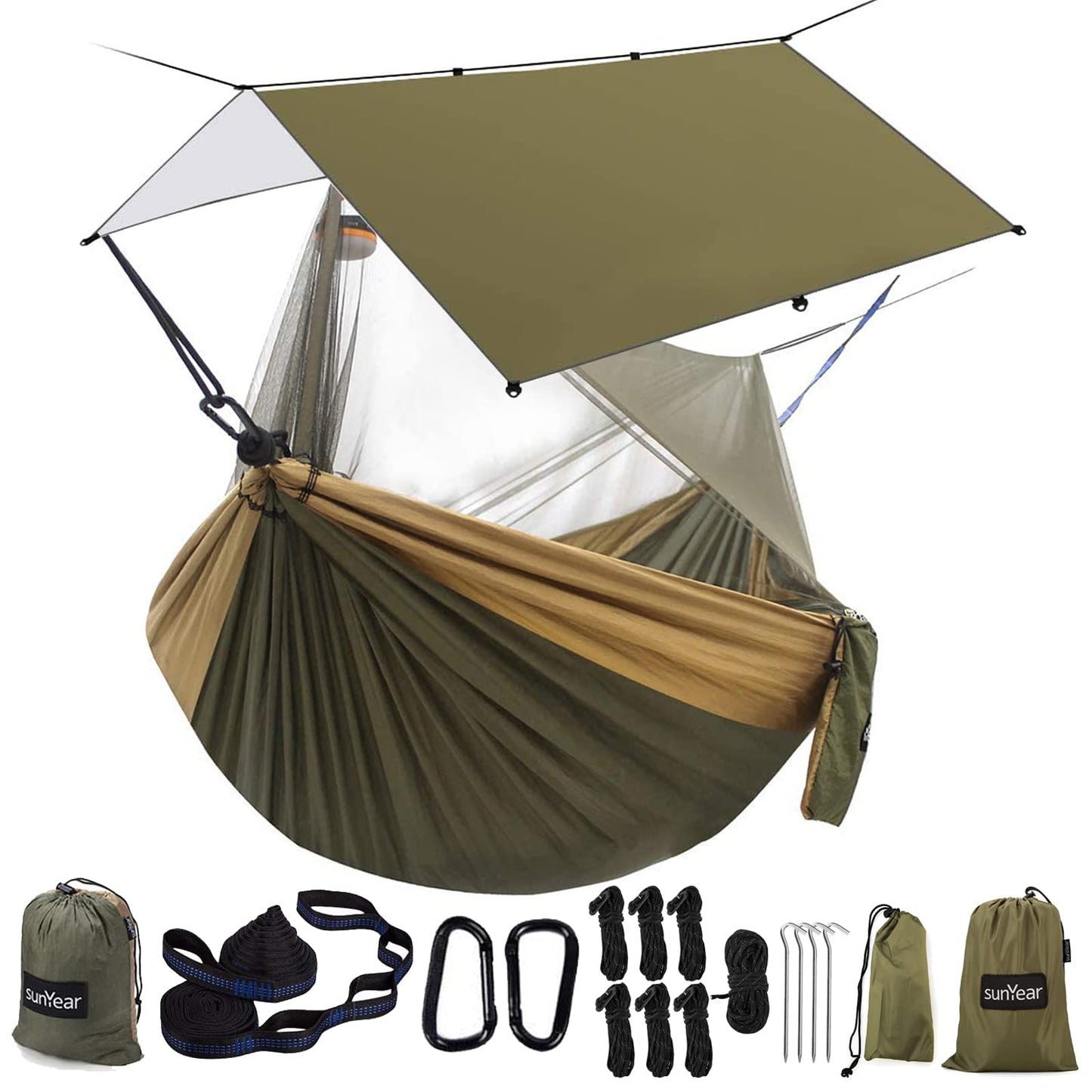 Sunyear Hammock Camping with Rain Fly Tarp and Net, Portable Camping Hammock Double Tree Hammock