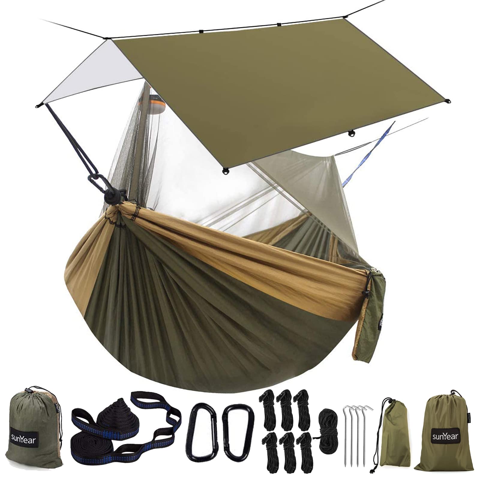 Sunyear Hammock Camping with Rain Fly Tarp and Net, Portable Camping Hammock Double Tree Hammock